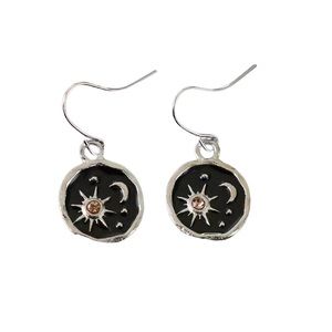Silver and Black Sun and Moon Round Drop Earrings